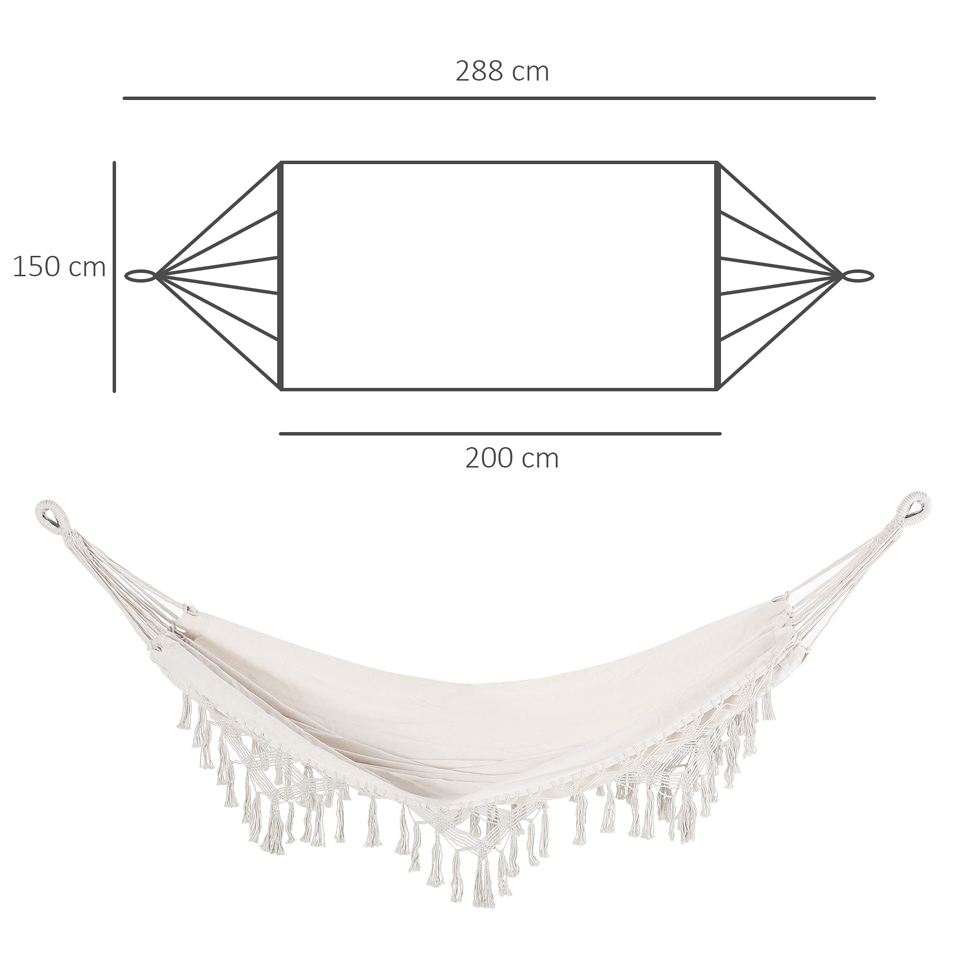 Outsunny Hamac de Voyage Portable Style bohème Chic Toile de hamac dim. totales 2,88L x 1,5l m Coton Polyester Beige