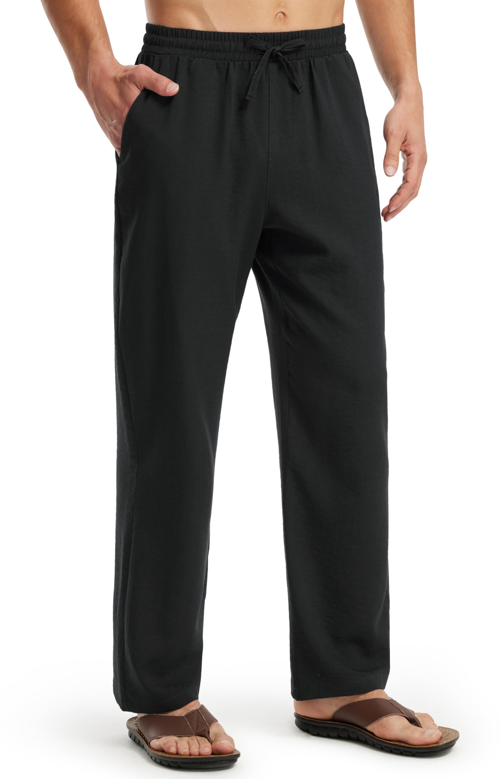 Libin Mens Imitation Linen Pants Elastic Waist Beach Summer Casual Pants Lightweight Travel Long Trousers with Pockets