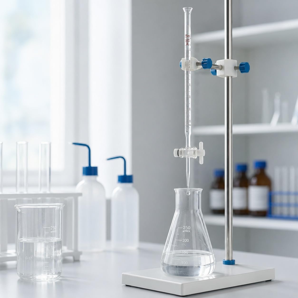 Universal-Glasbürette mit Trichter-Rand und PTFE-Hahn-50mL/0.1 | Universal-Glasbürette mit Trichter-Rand und PTFE-Ventil für Säure und Alkali