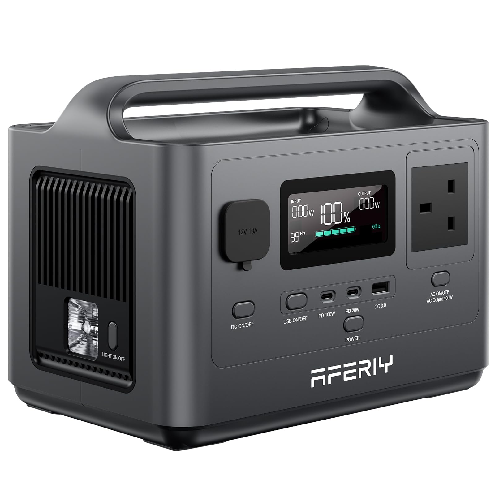 AFERIY 256Wh Portable Power Station, 400W LiFePO4 Battery with UPS, 1.5 Hour Quick Charge, 5 connections, Sine Wave 230V, Mobile Power Supply for Outdoor Camping, Home, Office