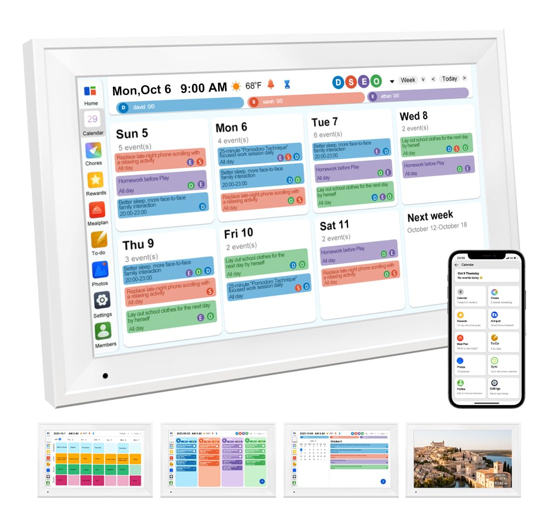 Calendario digitale intelligente per la famiglia, tabella delle faccende domestiche, schermo touchscreen HD, visualizzazione dei pasti e visualizzazione delle foto, si sincronizza con calendari online