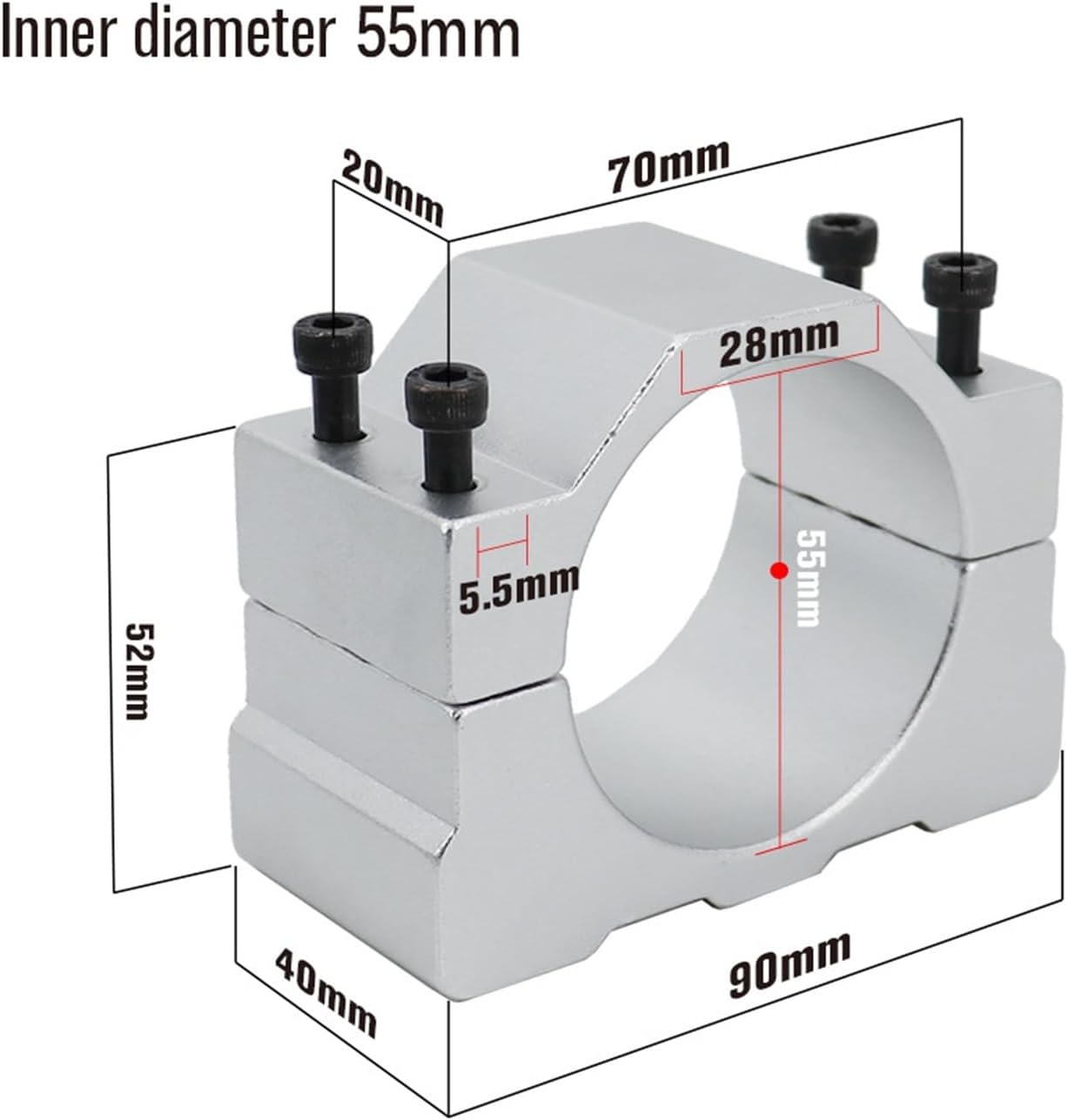 1pcs 52mm 55mm 65mm 80mm Spindle Clamp Mounting Bracket with 4 Screws for 400W 500W 1.5KW 2.2KW Spindle CNC Milling Motor Machine(55mm)