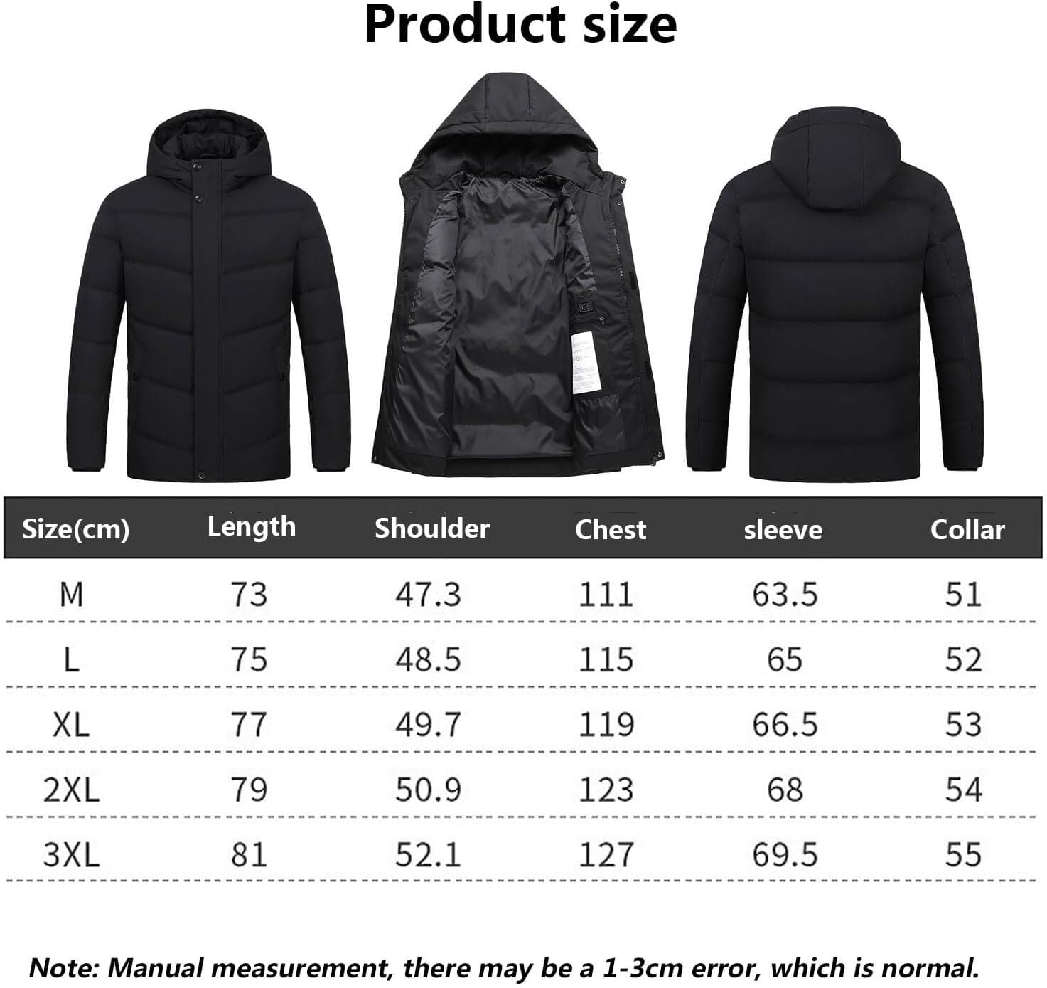 Kurtka grzewcza męska z kapturem 90% puchu kaczego, wiatroodporna, na zewnątrz, na zimę, bez baterii(Noir,XL(72.5-80kg))