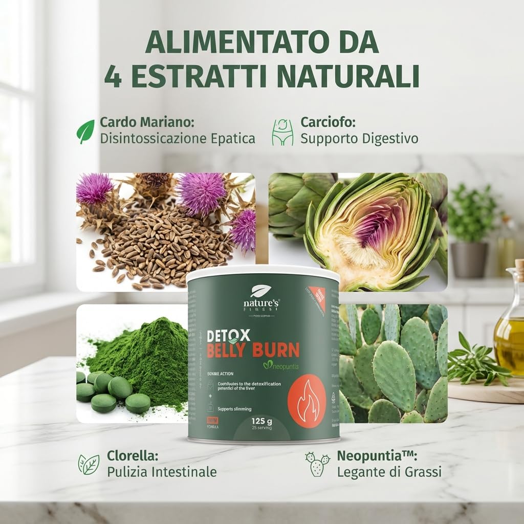 Nature’s Finest Detox Belly Burn - Integratore Detox in Polvere con Cardo Mariano, Carciofo, Clorella e Opuntia (Nopal) - Formula Vegetale, Vegana, Senza Glutine - 125 g