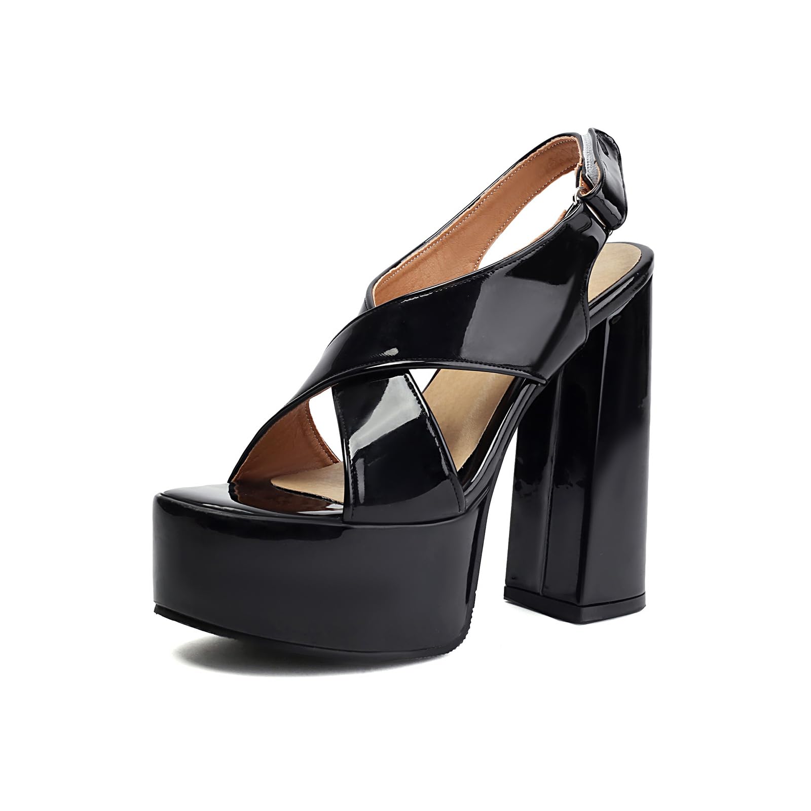 Zapatos de Fiesta y Club de Verano para Mujer con tacón Grueso de Bloque, Correa Cruzada, Puntera Abierta, talón Descubierto y Plataforma de Charol de 14CM