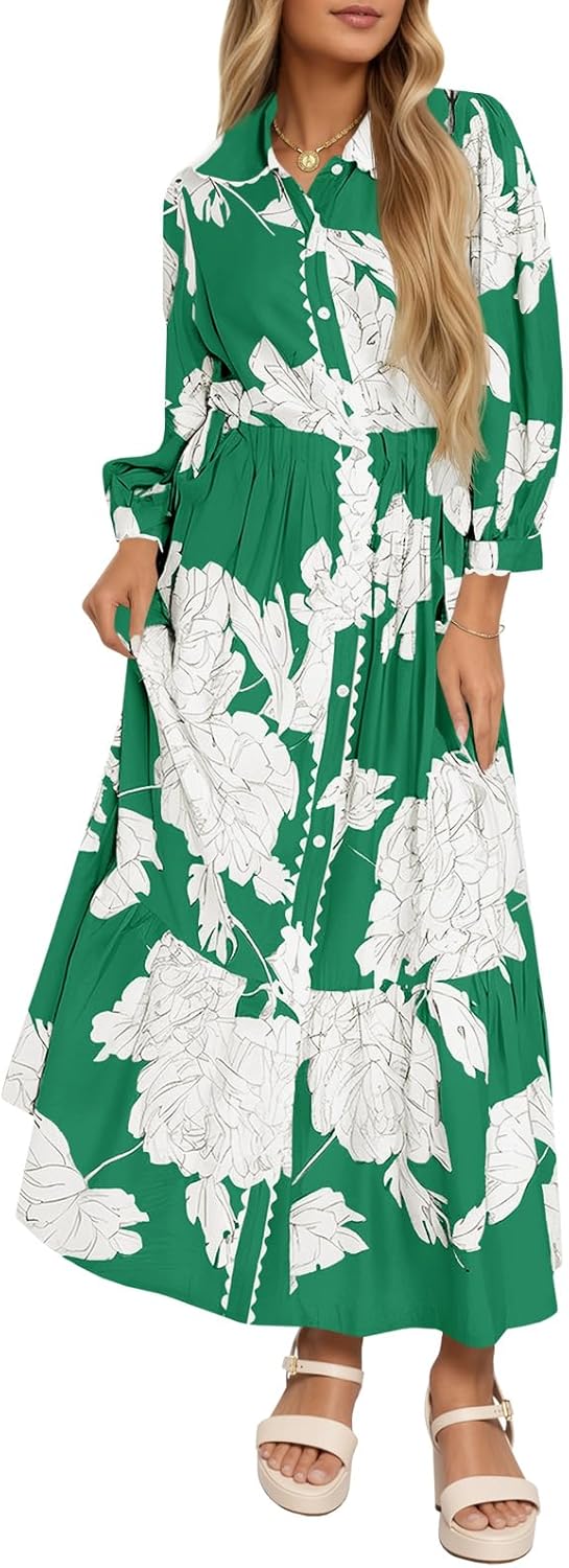 Wenrine Womens Maxi Shirt Dress Casual Floral Collared 3/4 Long Sleeve Drawstring Waist Fall Button Down Dresses