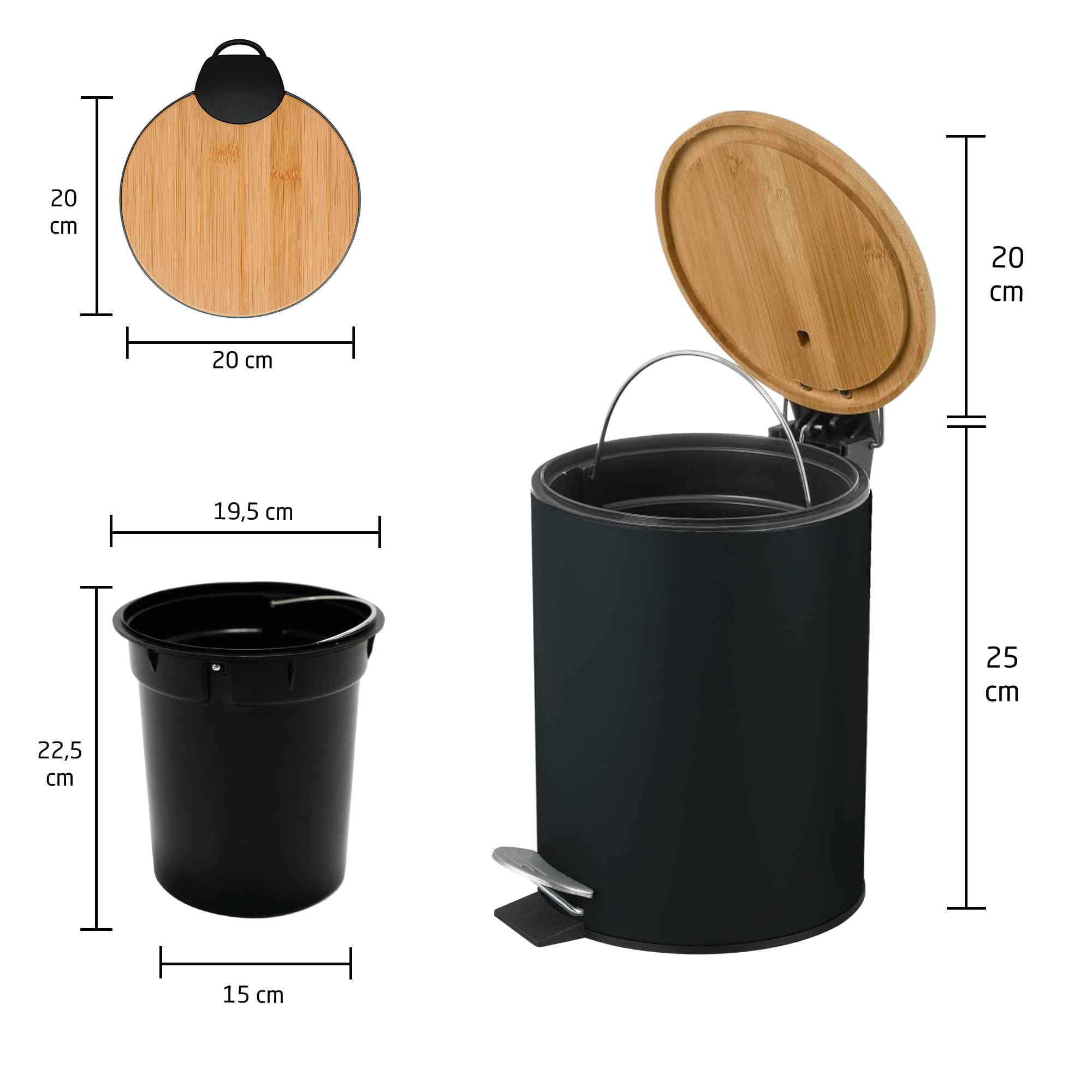 Amig Cubo de Basura para Baño con Pedal 5 Litros Negro y Bambú Acero Inoxidable Lacado Ø20x26 cm