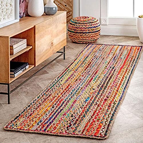 Image of Jute Braided Natural Hand Woven & Reversible Rug for Living Room Kitchen Entryway, Farmhouse Rustic Burlap Carpet Floor Mat (P /P, 2X8-feet)