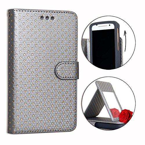 PH26® Etui Housse Folio pour Wiko Stairway à Pois dorés en éco-Cuir Argent avec Porte Cartes, Miroir et surpiqures Apparentes