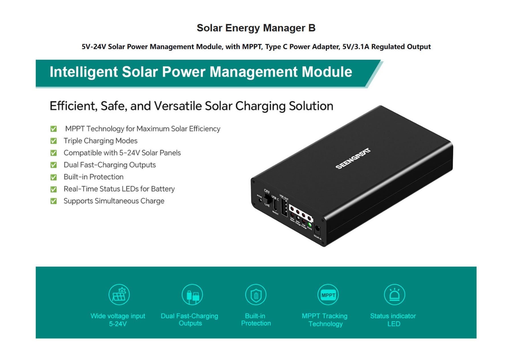 Solar Power Management Module with MPPT, 5V/3.1A USB Type-C & USB-A Output, Dual Input Solar/USB Power Supply Controller for IoT, Green Energy and DIY Projects