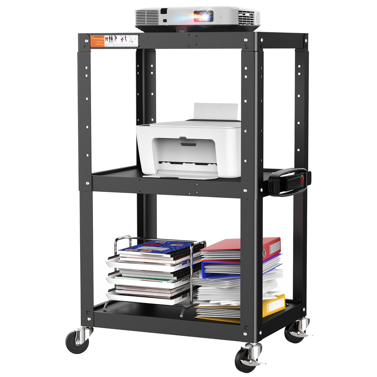 3 Shelf Metal Utility Cart - Durable Computer Cart on Wheels with Power Strip,Height Adjustable AV Presentation Cart Stand for Movie Projector,TV and Laptop Computers,Easy to Assemble, Black