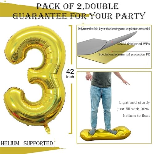 Goer 2 Pcs 42 Inch Gold Foil Balloons Number 3,Huge Number Balloons For 3Rd 33Rd Birthday Party Supplies Anniversary Decorations #TOP1