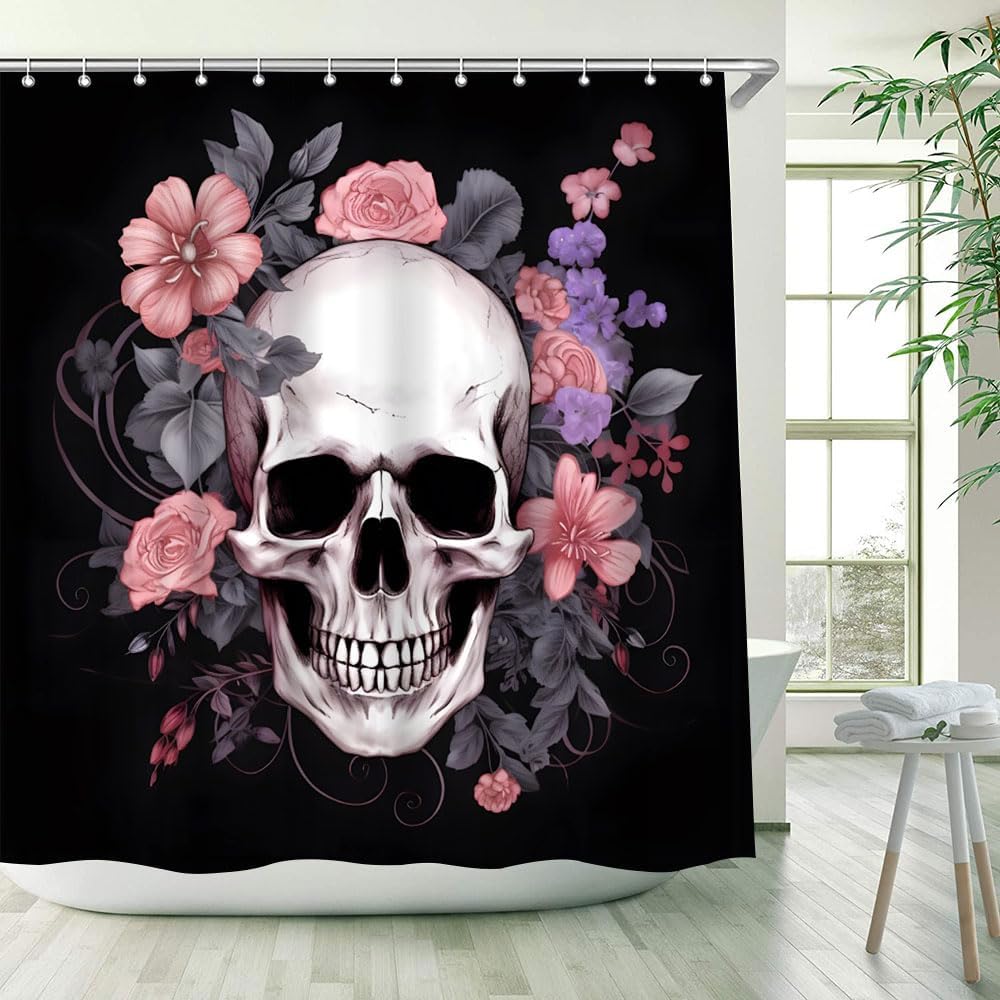 Skull Shower Curtain Sugar Rose Flowers Vintage Wildflowers Halloween Theme Scary Bathroom Decor Fabric Curtains with Hook 80Wx70H Inches