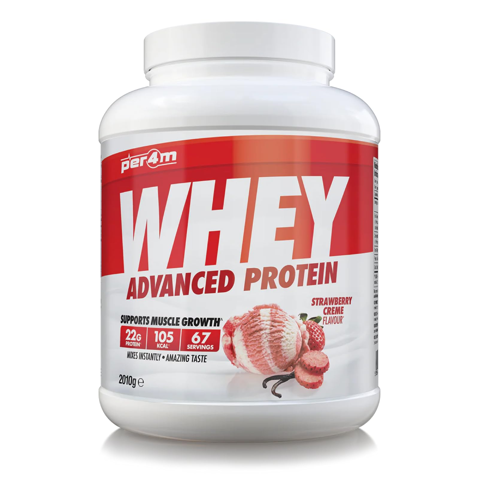 per4mWhey Protein Powder | High Protein Shake for Muscle Growth & Recovery | Low Sugar Gym Supplement | Sports Nutrition Drink + Amino Acids (2010g, Strawberry Creme)
