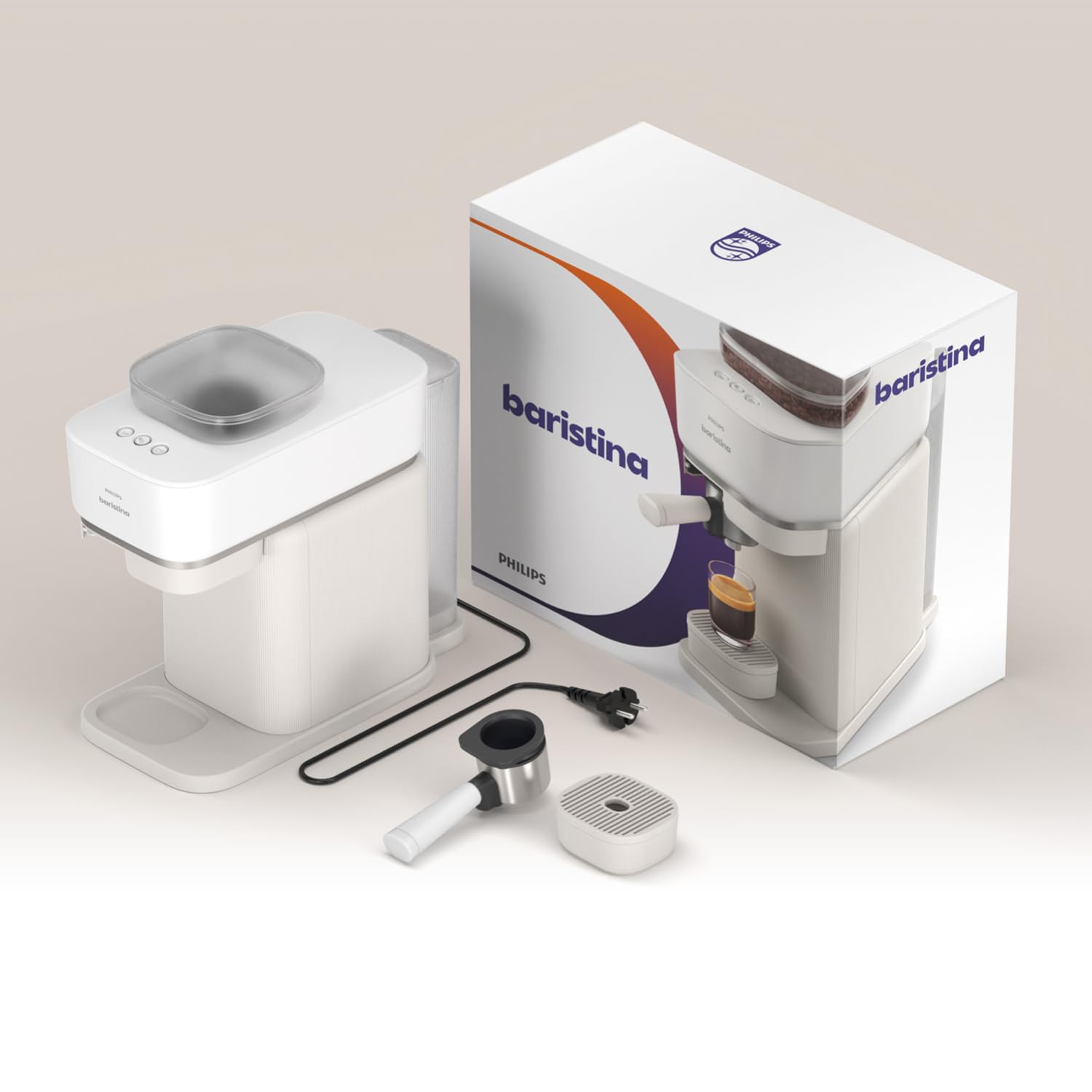 Philips Baristina Machine à expresso, Mouture, tassage et infusion automatiques, 16 bars, Expresso, Lungo, Format compact, Blanc naturel avec porte-filtre blanc, Machine à café avec broyeur BAR305/00