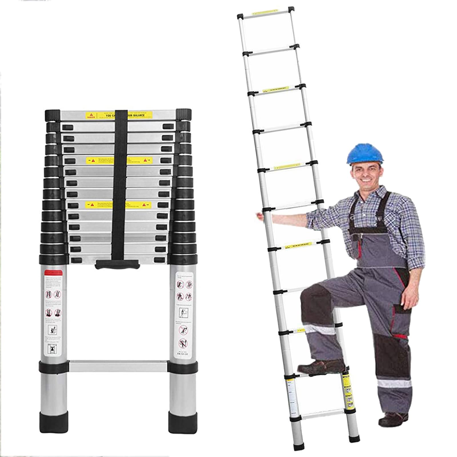 Escalera Telescópica de 4,4 m, Andamio de Aluminio, Plegable, Extensible, Antideslizante, Multiusos, Capacidad de Carga de 150 kg, EN131