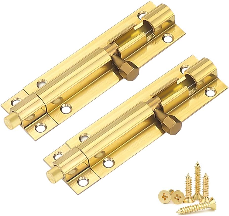 2 Pack Brass Bolt Lock Door Bolts Door Security Slide Latch Lock 3 Inch with Stainless Steel Screws for Bathroom Fences Shed Doors Windows (Gold)