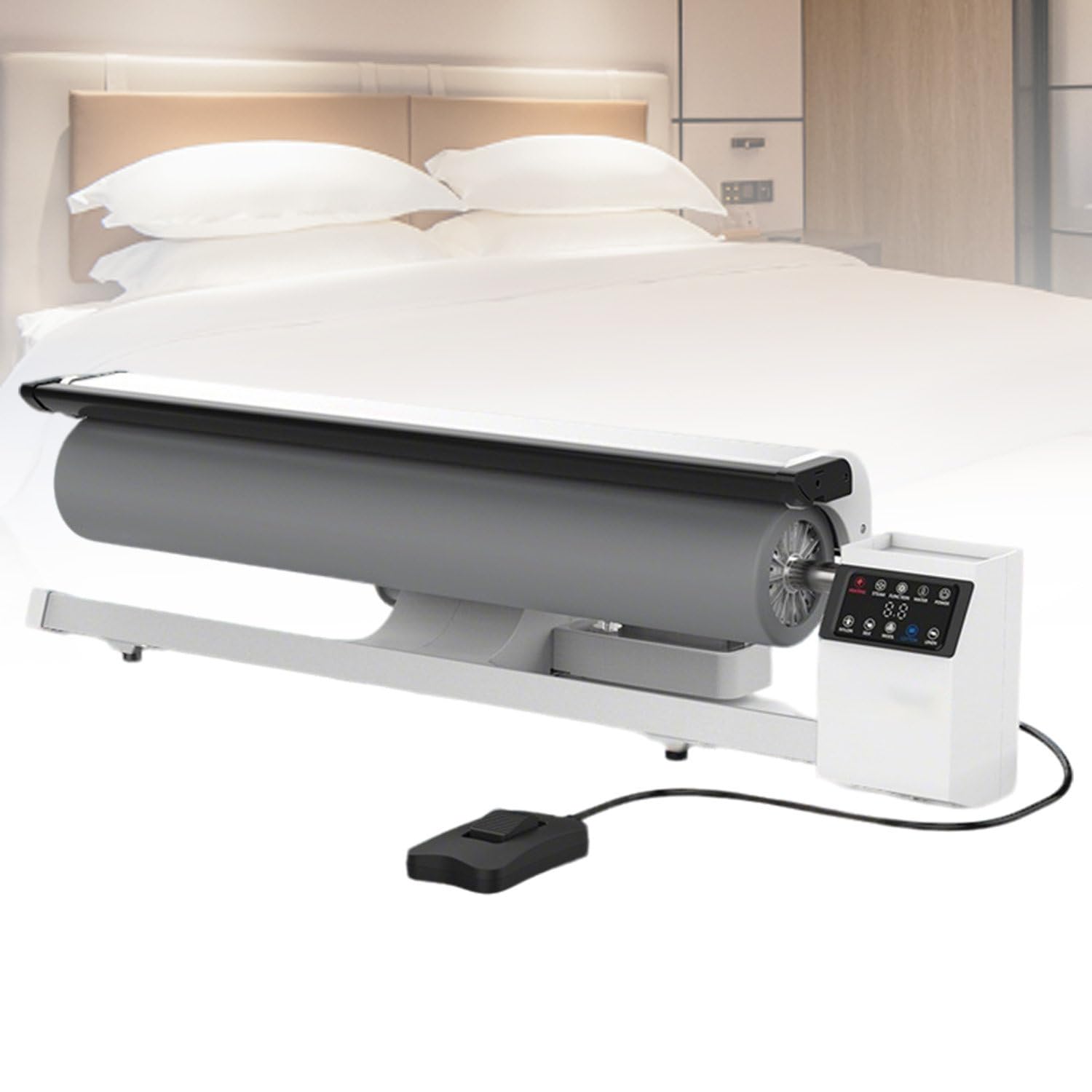Pressa stiratrice a Rullo Rotante a Vapore, Larghezza di Stiratura 90 cm, con Pedale; Ideale per lavanderie, Hotel, sartorie e attività di Biancheria per la casa