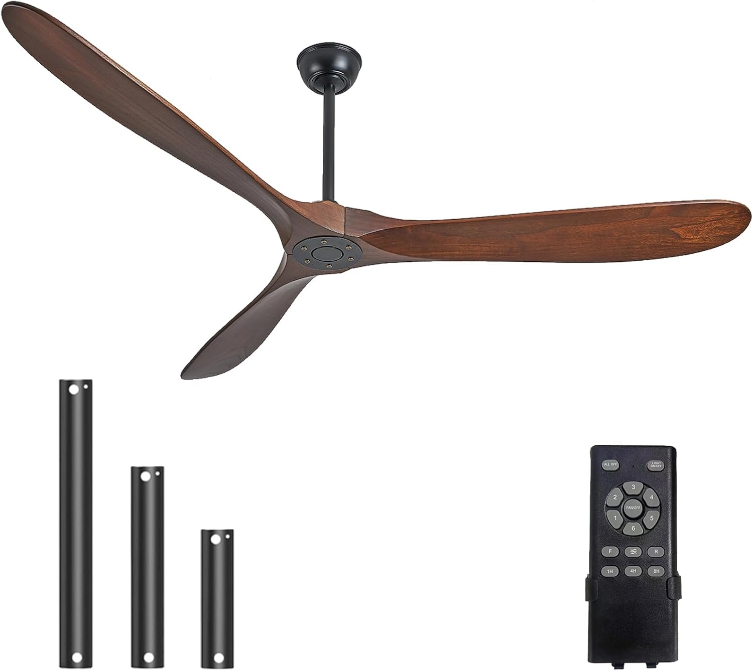 60" Ceiling Fans Without Lights, 60 Inch Outdoor Ceiling Fans no Lights, 3 Blade Solid Wood Damp Rated Ceiling Fan with Remote Control for Living Room Gazebo Farmhouse/Patios Porch - Dark Walnut 60 inch Matte Black - Dark Walnut Blades