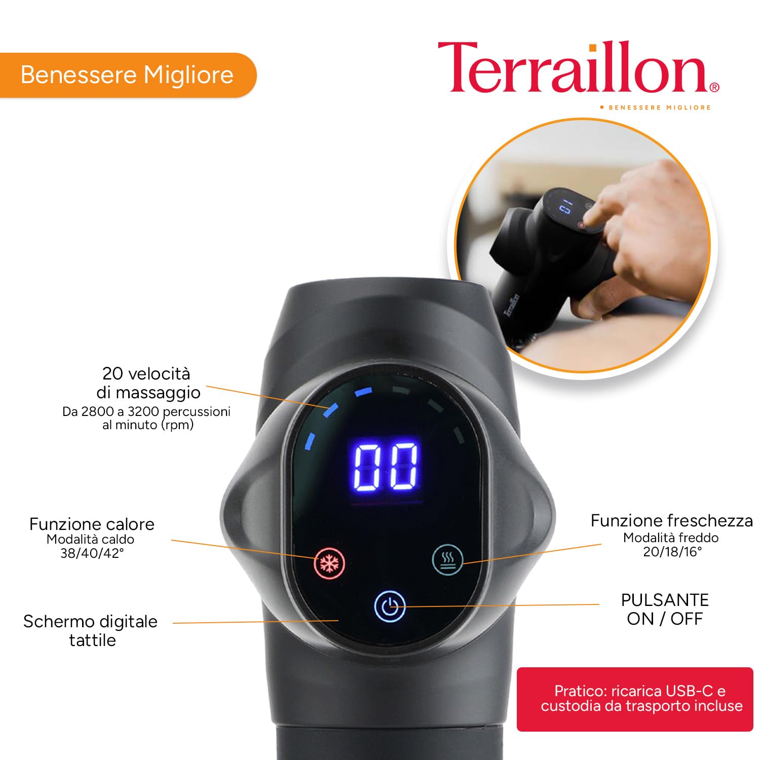 TERRAILLON - GUN MASSAGER EXPERT - Pistola massaggiante multizone, 20 velocità 2800-3200 RPM, schermo digitale, timer integrato, 5 punte in silicone di cui 1 caldo-freddo, USB-C, custodia inclusa,