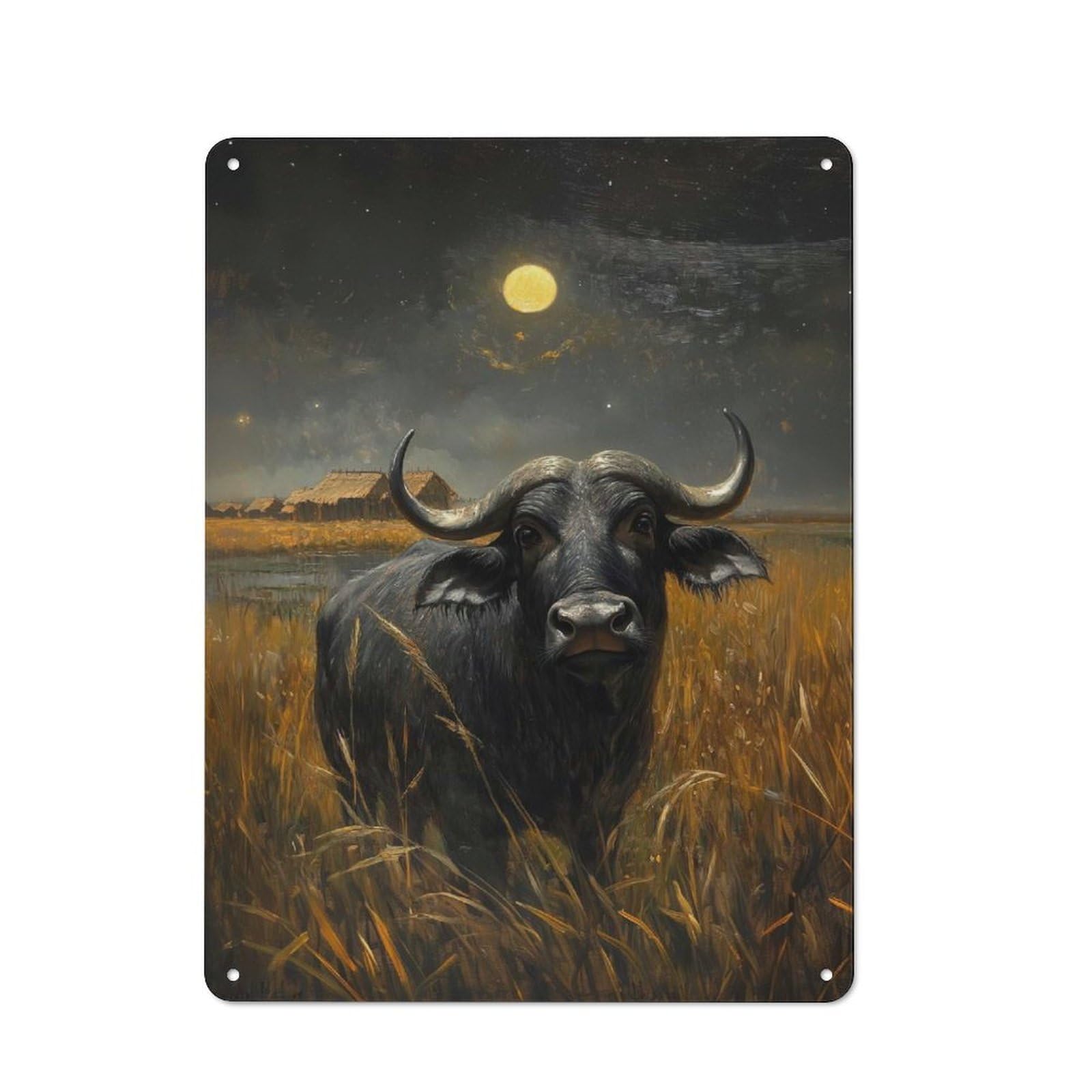 Junmoney Style-24 African Buffalo Under Moonlight Tin Wall Sign 40X30cm, Country Style Bistro Wall Plaque For Coffee Bar, Kitchen, Bistro Or Tea Corner