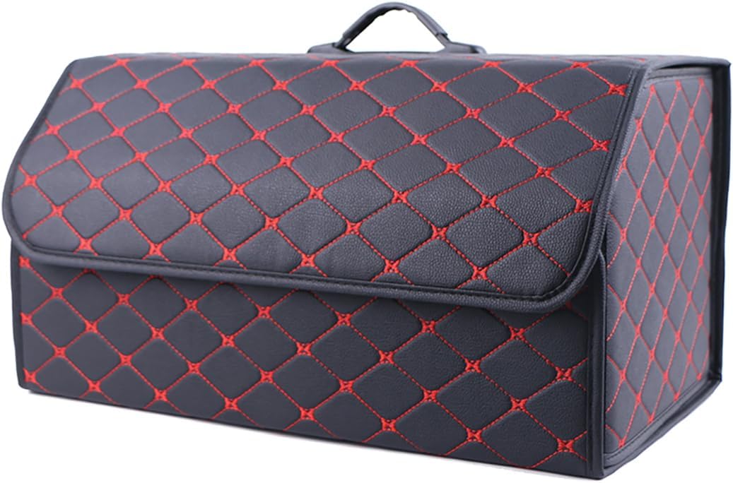ECYC 1 Pcs Car Trunk Organizer Box, Waterproof Trunk Storage Box PU Leather Car Storage Box for Car, SUV, Truck, Van, Black Red-L