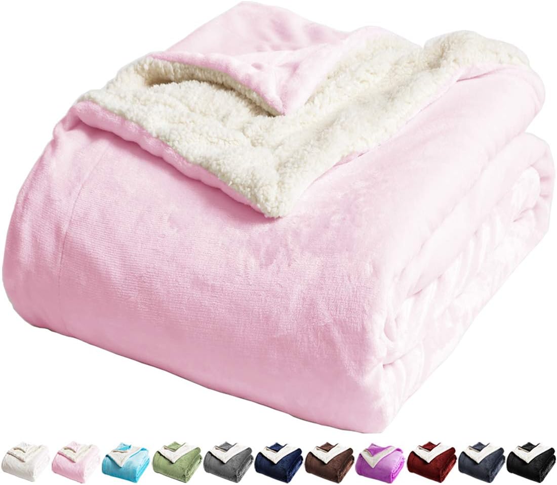 LBRO2M Sherpa Fleece Bed Blanket Twin Size Super Soft Fuzzy Plush Warm Cozy Fluffy Microfiber Couch Throw Velvet Double Reversible Luxurious Blankets,Pink