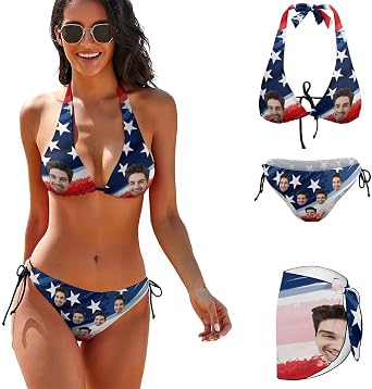 Custom Face Bikini Set for Women Personalized Swimsuit Set Matching Swim Top Bottom&Beach Cover Up for Swimwear