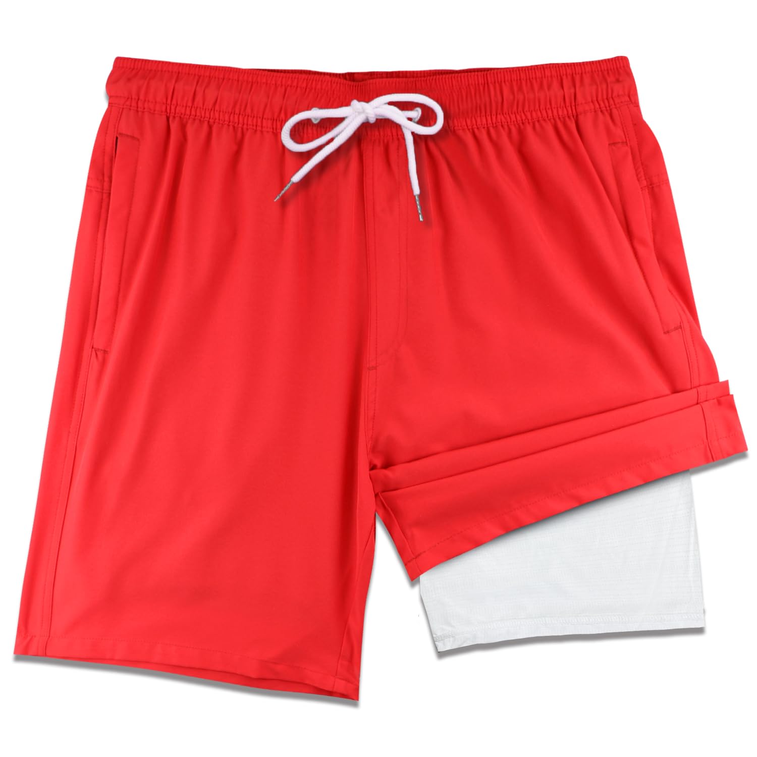 LUCOWEEMens Swim Trunks Comfortable Inside Liner Swim Shorts Zipper Pockets Bright Red Quick Dry 7" Inseam Swimsuits Gift