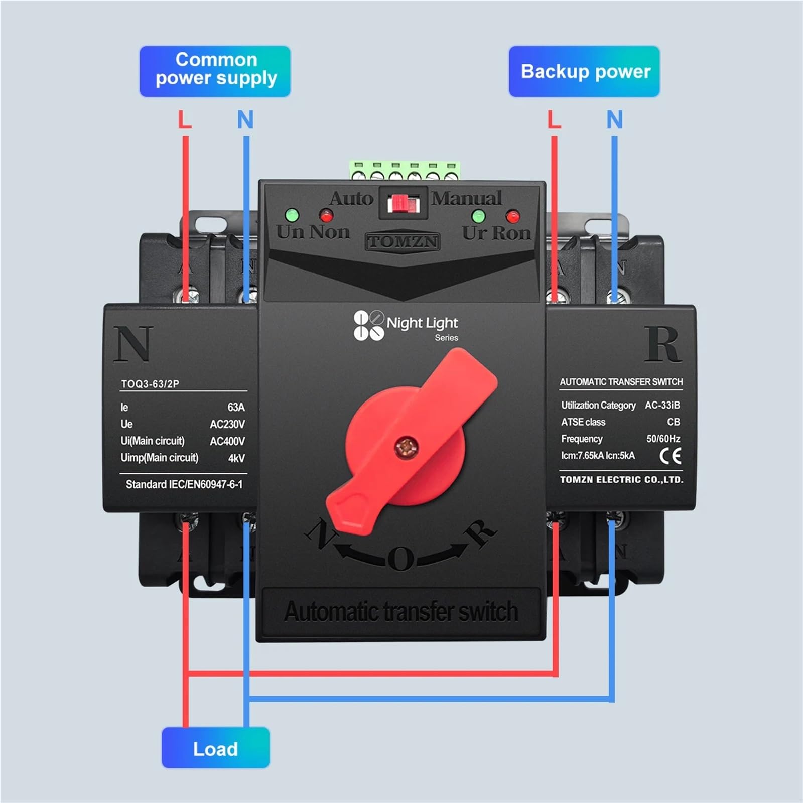 1 szt. lampka nocna serii 2P 63A 125A 220V 230V 50/60 Hz typ MCB podwójny zasilacz automatyczny przełącznik transferu ATS 2 wejścia 2 wyjścia (63A)