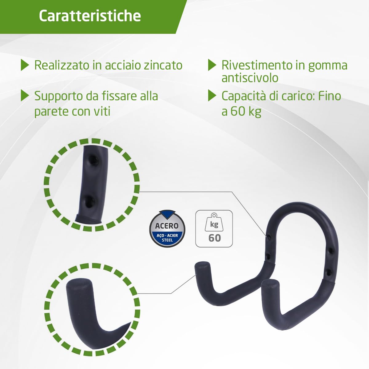 Amig Ganci Appendere Strumenti Supporto Parete Acciaio Zincato Rivestimento Gomma Antiscivolo Capacità Carico 60kg