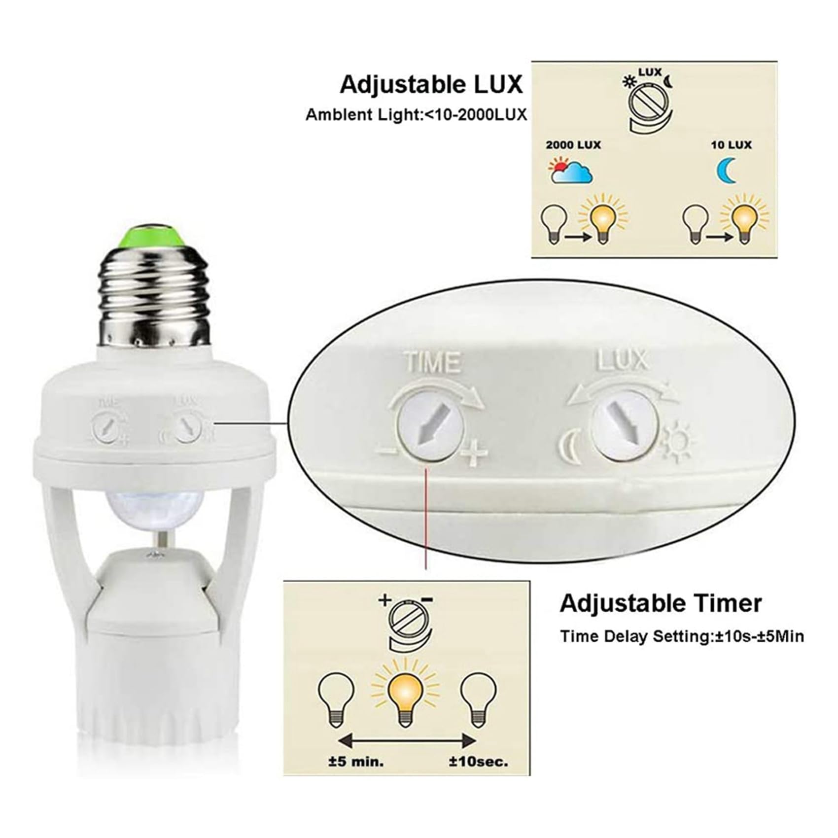 4X Adattatore Portalampada E27 con Sensore di Movimento PIR AC100-240V Convertitore Presa Lampadina LED Rilevatore Presenza Umana