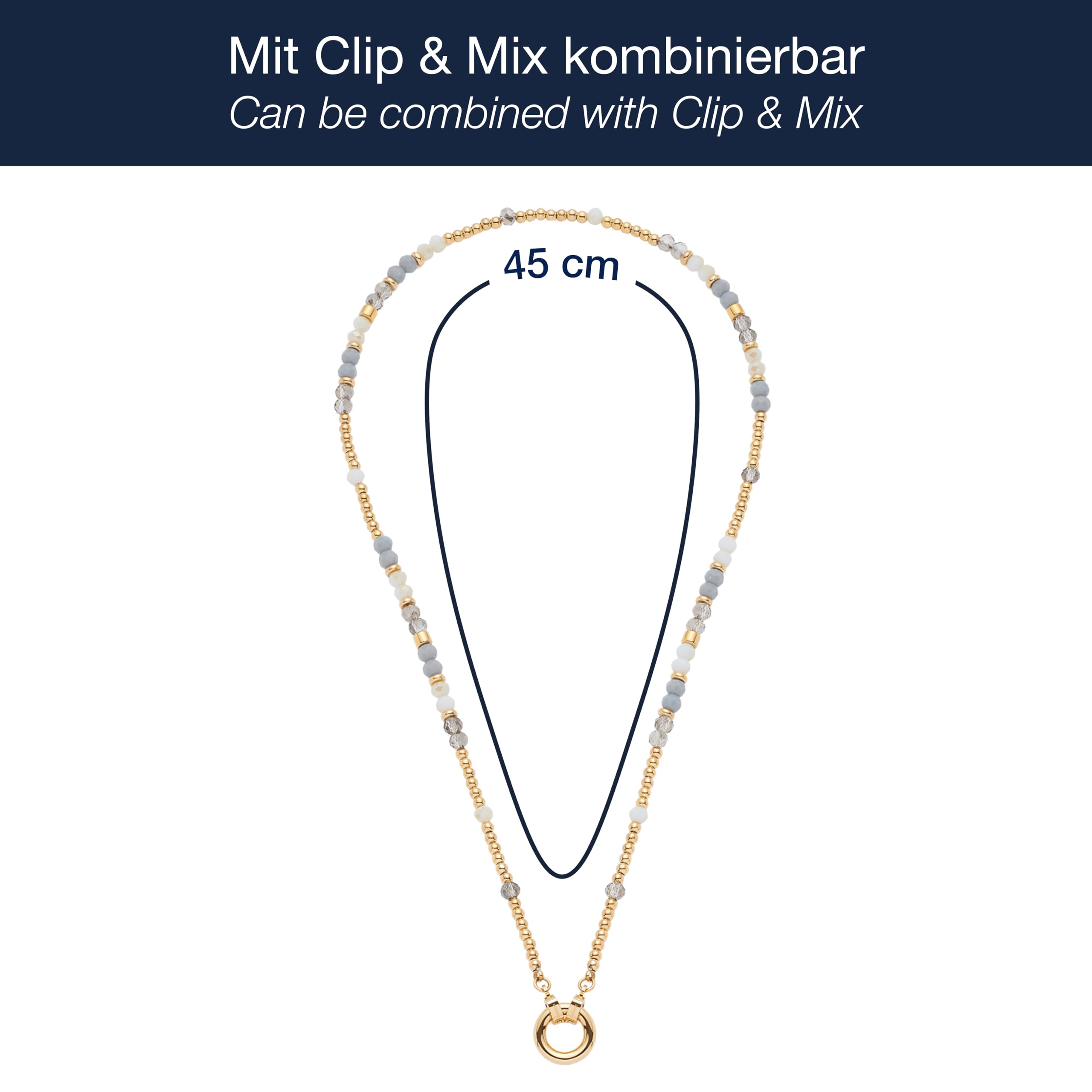 JEWELS BY LEONARDO Halskette Clip & Mix Bernie • Hals-Schmuck aus goldfarbenem Edelstahl • Glasschliffperlen in Weiß- und Grautönen • 42-43,3 cm Länge • Schmuck Geschenk für Frauen • 025573