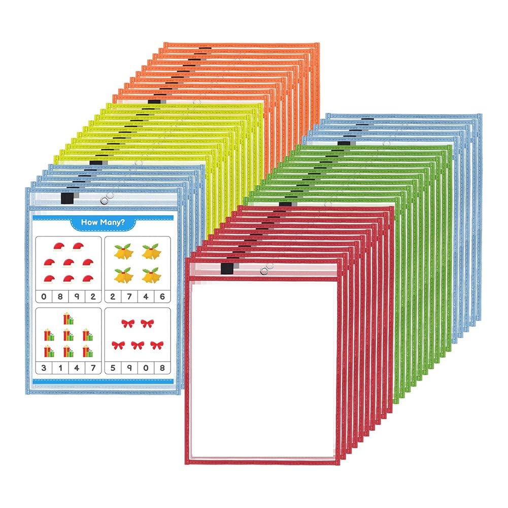 Paquete de 50 Fundas Reutilizables de Bolsillo de Borrado en Seco, 5 Fundas Protectoras de Diferentes Colores para Útiles Escolares para el Aula de Profesores