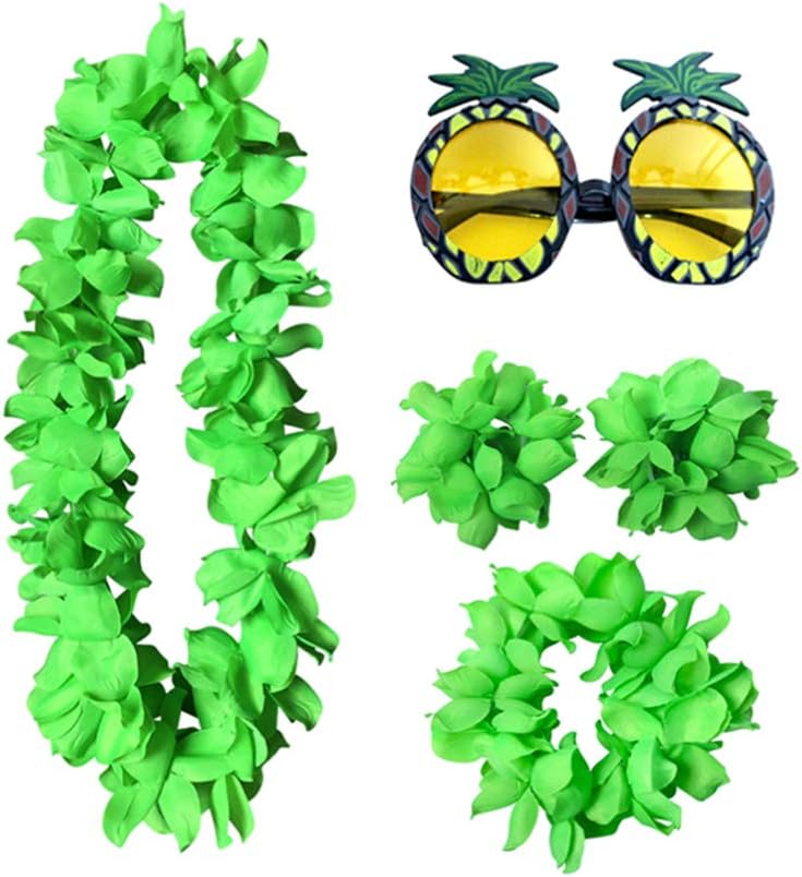 Lioobo ハワイアン レイ 花 レイ 花輪 レイ ハワイアン パイナップルメガネ レイ 首飾り ハイビスカス レイ フラダンス 髪飾り ガーランド パイナップル眼鏡 5点セット グリーン Citizenprotector Org
