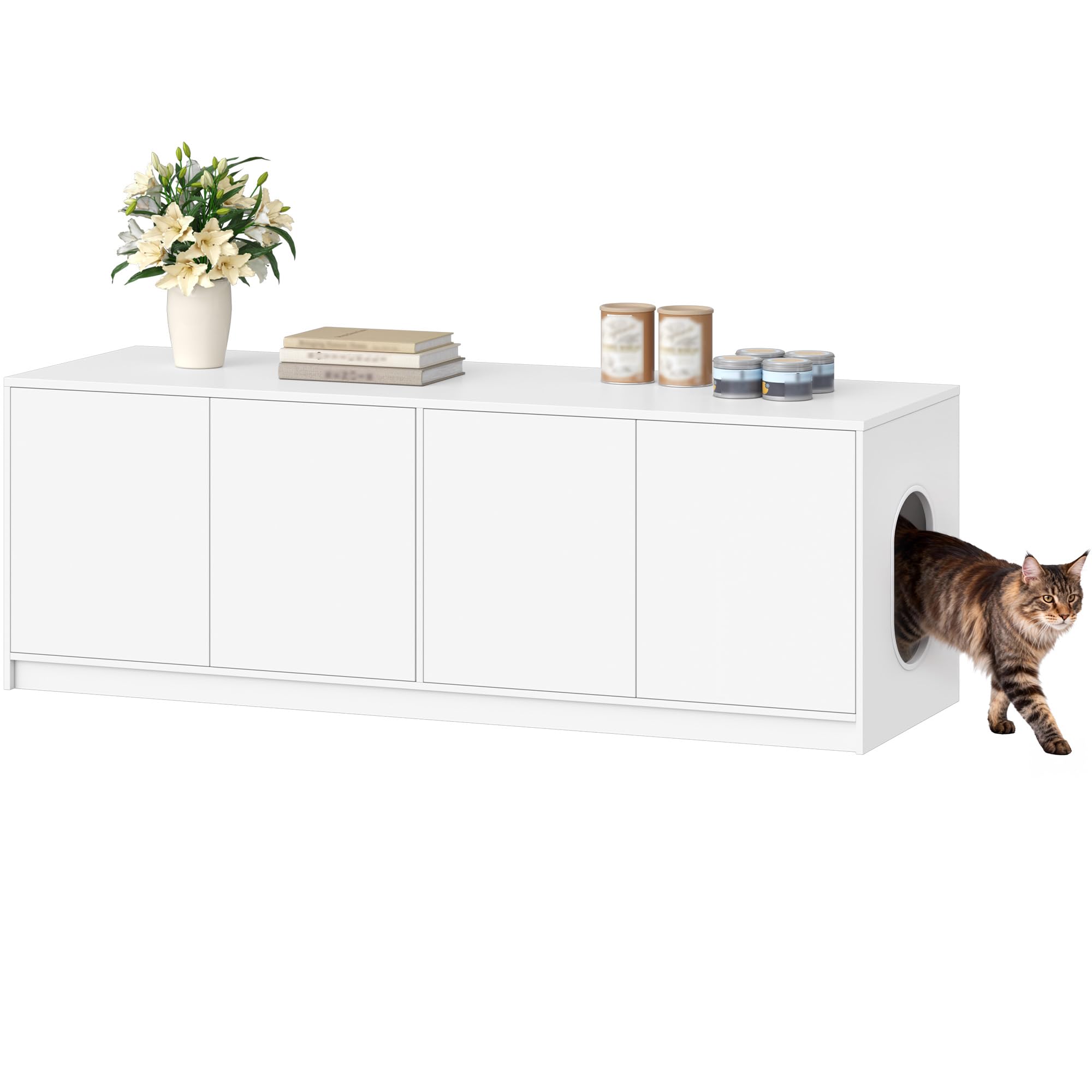 Fobyfurny Cat Litter Box Enclosure for 2 Cats, Hidden Litter Box Furniture with Push-to-Open Doors & Ventilation Holes, Wooden Cat House, Minimalist, Living Room, 120 x 50 x 51.5 cm, White, FPCB203PW1