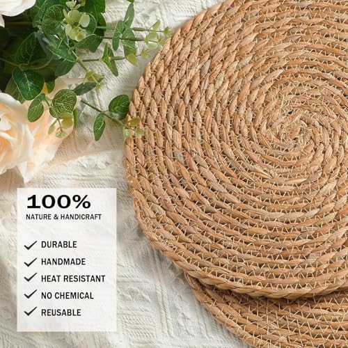 Image of Handmade Heat Resistant 13.8 inch Round Woven Placemats Set of 10, Wicker Boho No Chemical Natural Water Hyacinth Place Mats, Farmhouse Table Mats for Kitchen Dining Table,Home Decorations,Wedding