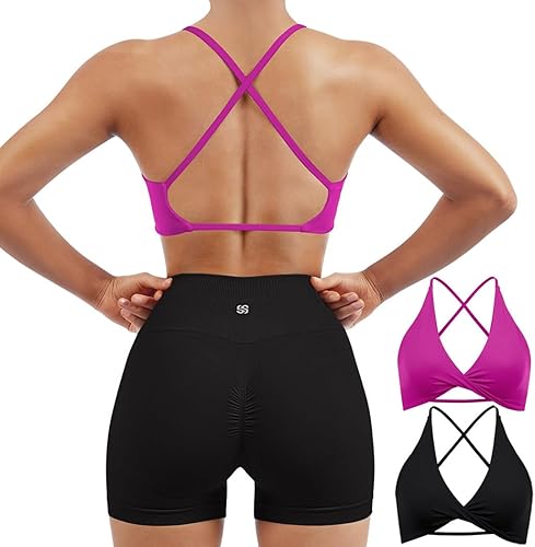 SUUKSESS Sujetador deportivo de 2 piezas para mujer, con espalda abierta, con tirantes delgados, cuello en V, para entrenamiento