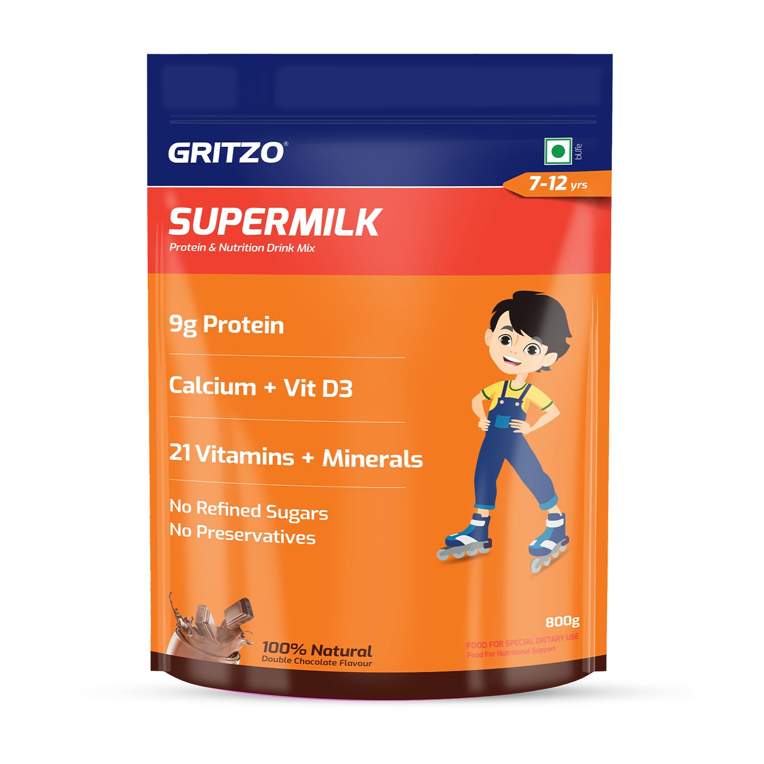 Gritzo SuperMilk Daily Nutrition (7-12y Young Athlete), 9g Protein (Double Chocolate, 800g) | Zero Refined Sugar, 21 Vitamins & Minerals