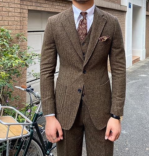 Ceehuteey Mens Suit 3 Pieces Formal Tweed Herringbone Slim Fit Suit Prom Tuxedos Groomsmen2