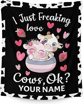 Personalized Cow Blanket Gifts with Name - 60"x80" Cute Throw for Women, Girls - Black Soft Fuzzy Blankets for Bed, Couch & Living Room