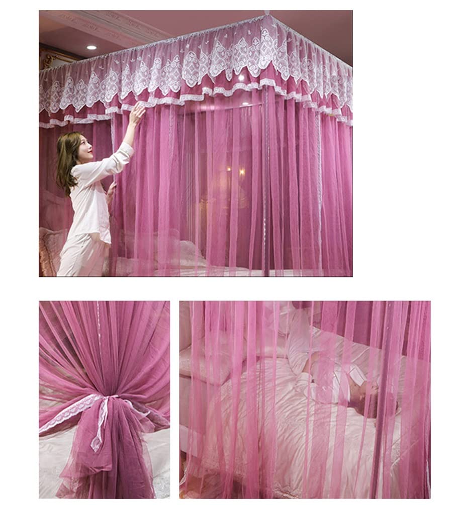 OKUOKA Zanzariera a baldacchino a baldacchino a 4 Angoli, copriletto in Pizzo con Supporto in Acciaio Inossidabile, Decorazione della Camera da Letto della Camera da Letto della principes