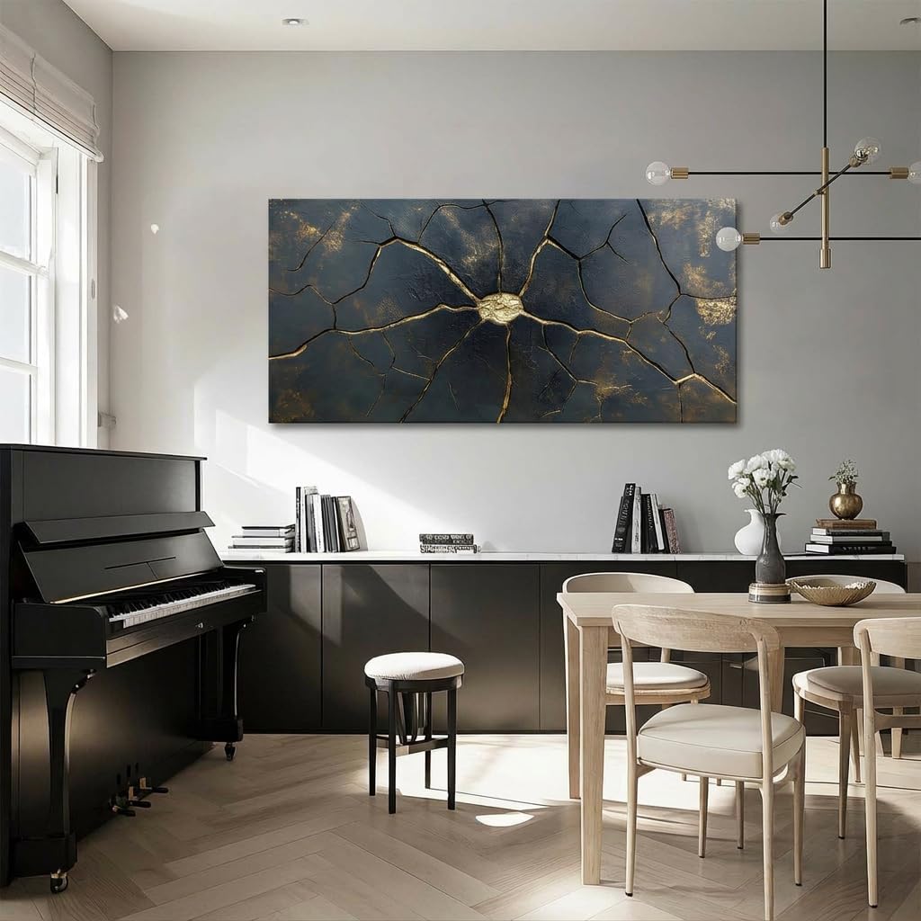 ZESTRILIA Black Kintsugi Wall Art, Abstract Cracked Surface Canvas Print, Modern Minimalist Gold Fracture Painting for Living Room Bedroom Décor (40x20 Inches)