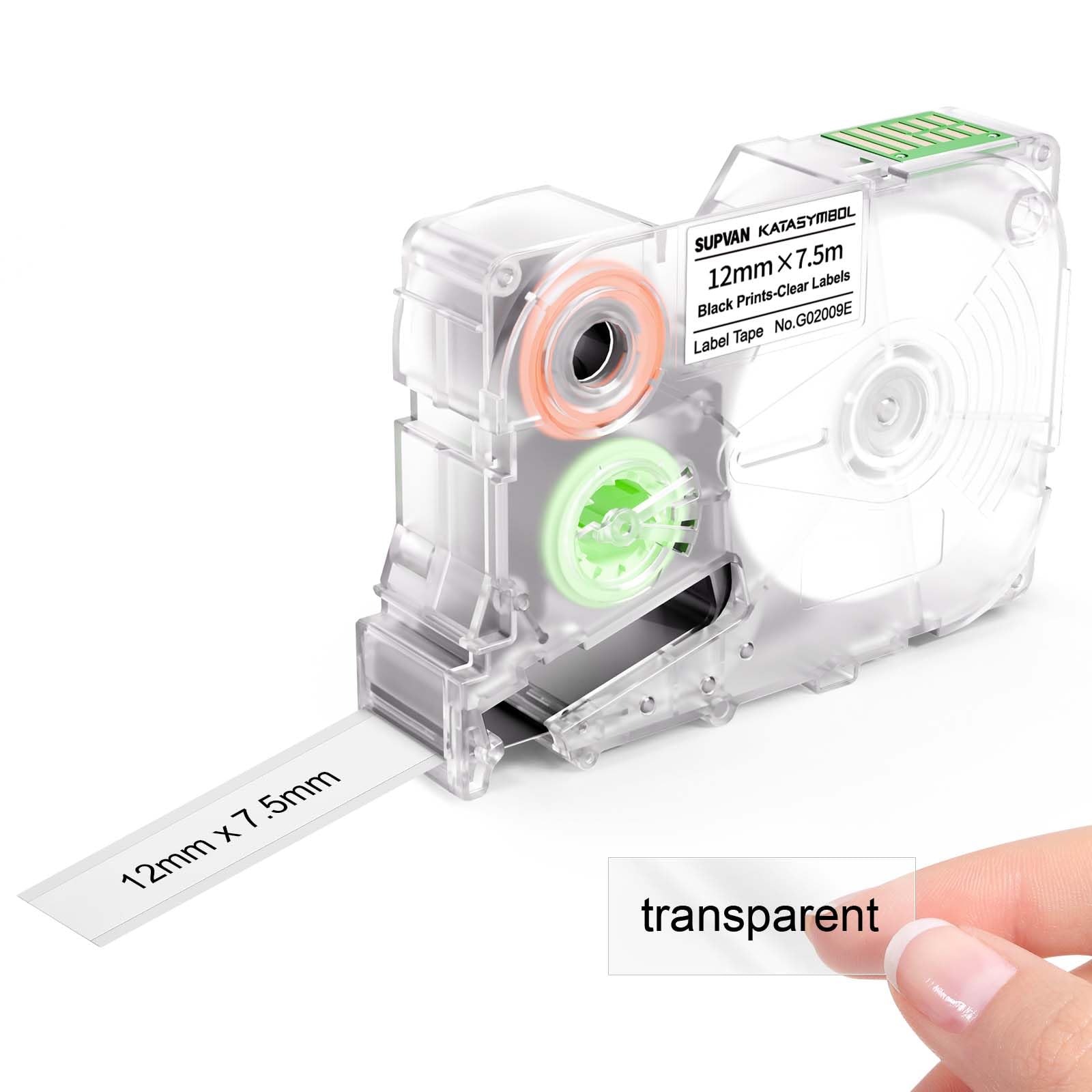 SUPVAN G15M Series Continuous Thermal Transfer Labels, 12mm x 7.5m, Waterproof, High Temperature Resistant & Non-Fading Labels for Outdoors & Indoor, Black on Transparent