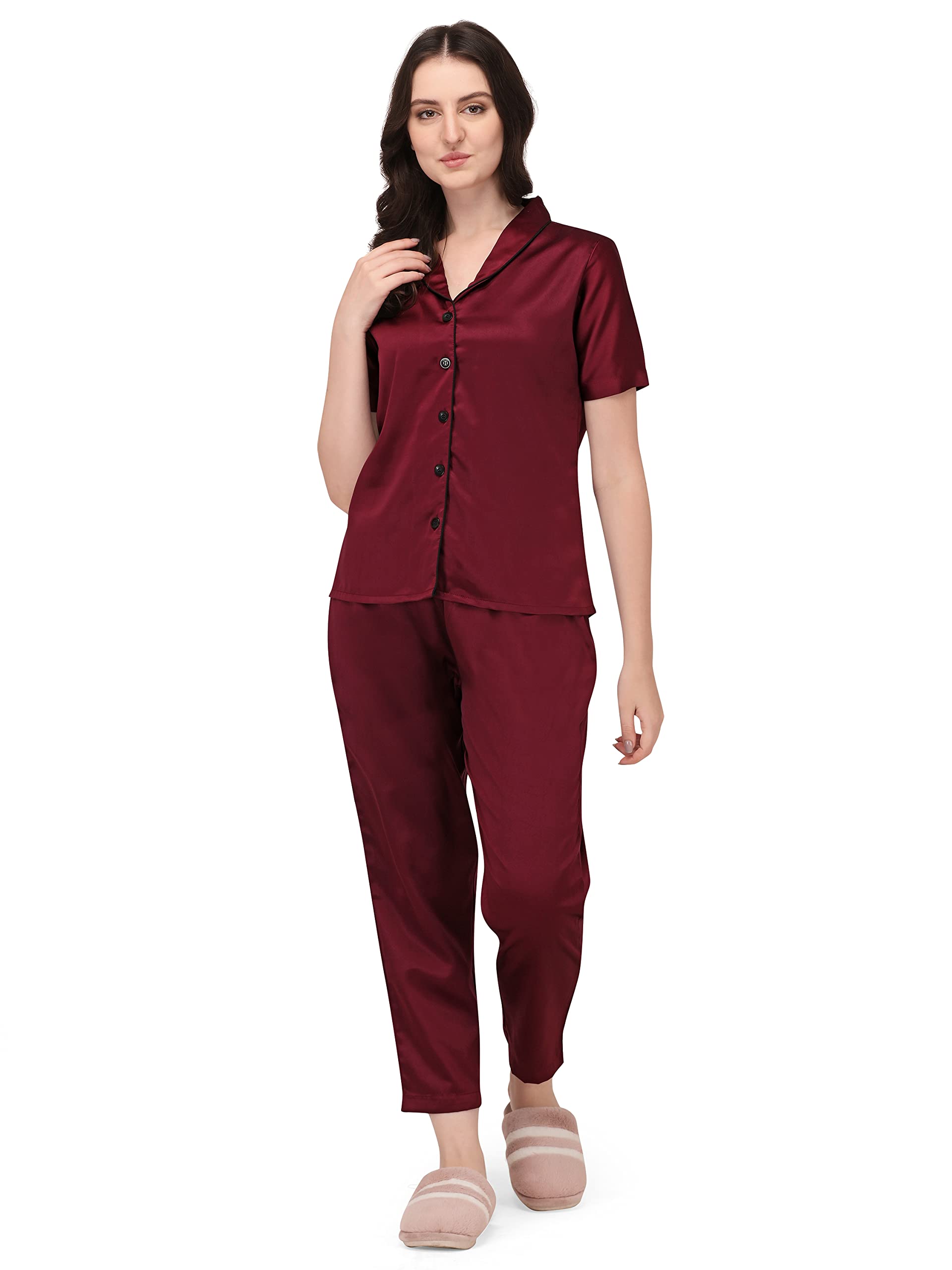 Women's Silk Satin Comfort fit Shawl Collar Night Suit Pair-image-1