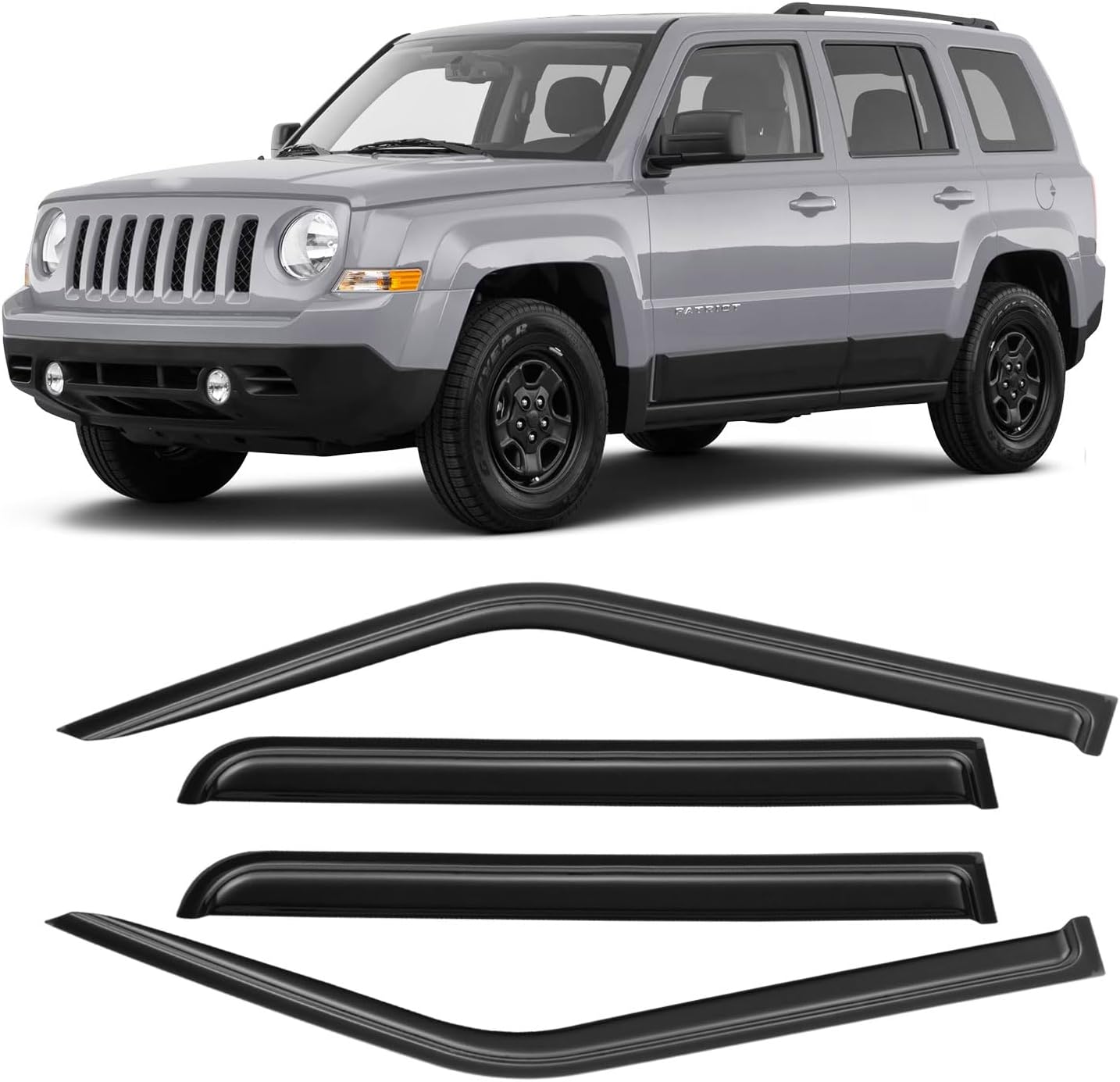 Window Visors for 2007-2018 Jeep Patriot, Rain Guards Shields Vent Deflector Shade Dark Smoke 2008 2009 2010 2011 2012 2013 2014 2015 2016 2017, Tape-On, 4PCS For 2007-2018 | Jeep Patriot | Out-Channel