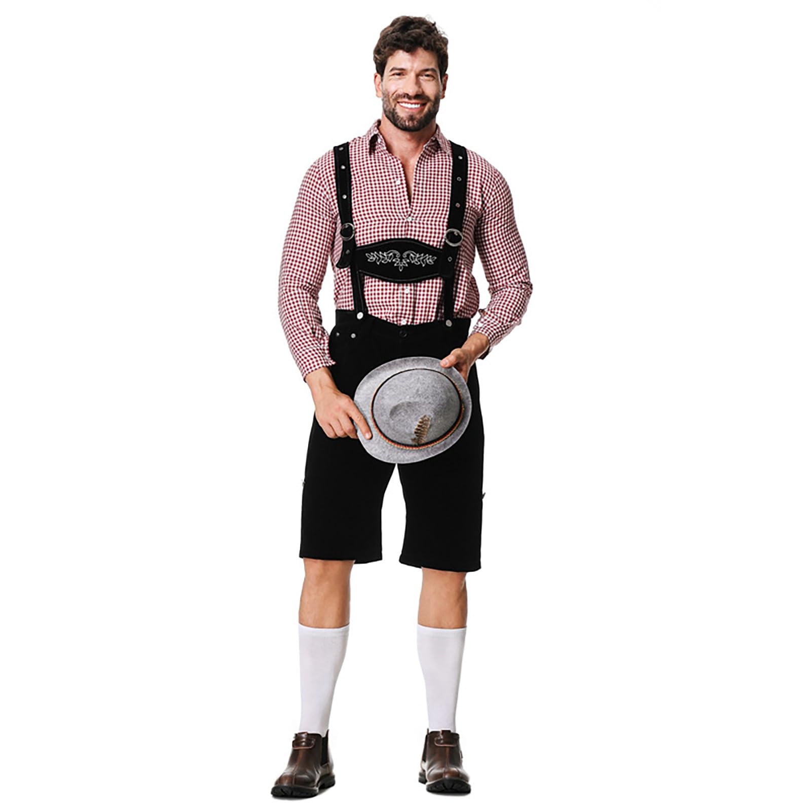 Lederhose Herren Oktoberfest Set, Lederhosen Herren Tracht, Traditionelle Kniebundhose Lang+ Trachtenhemd Männer Trachtenhose M.träger Kariertes Deutsches Bayerisches Oktoberfest-Kostüm Set Für Herren