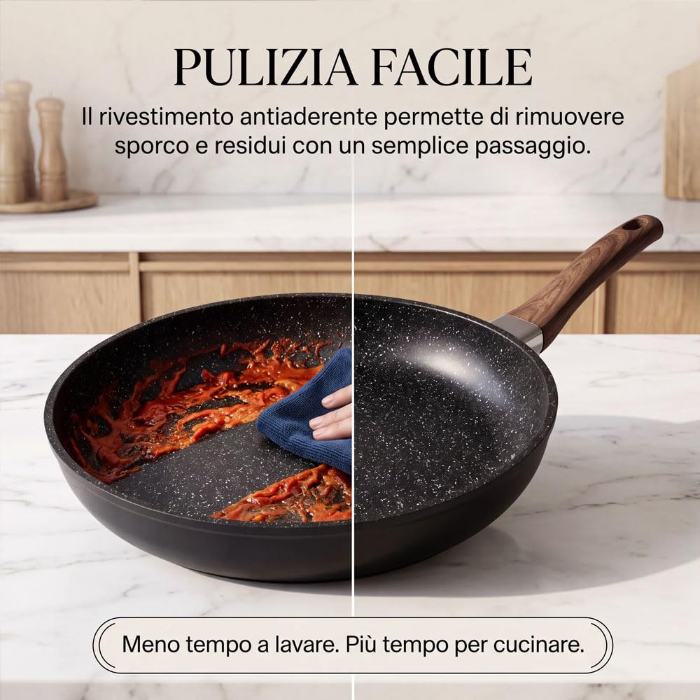 081 Store - Set 3 Padelle Antiaderenti Nere 20, 24 e 28 cm, Padelle per Induzione, Gas e Tutti i Piani Cottura, Rivestimento Effetto Granito, Alluminio Forgiato, Senza PFOA, Manici Effetto Legno
