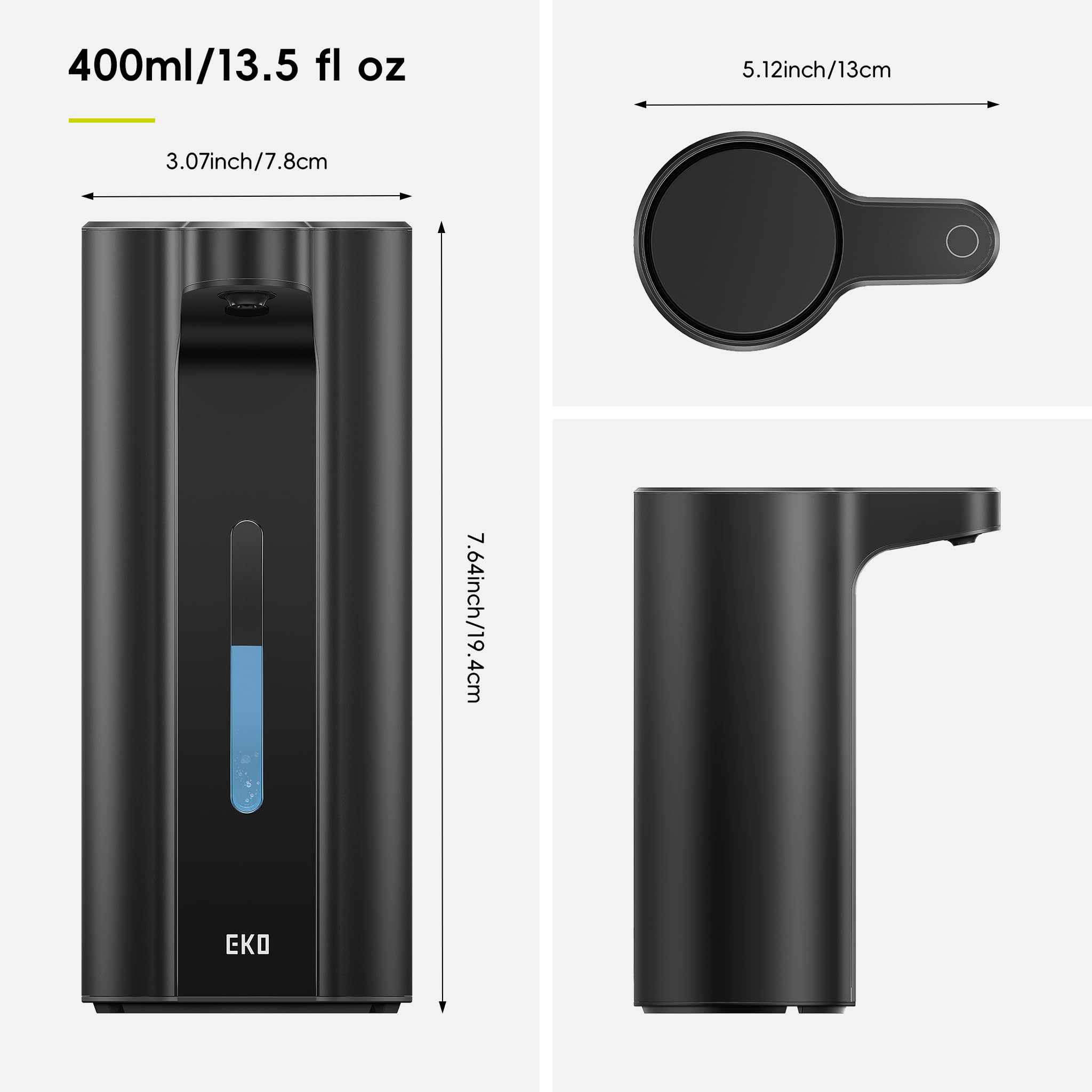 EKO Aroma Pro 399.2 ml berührungsloser automatischer Flüssigseifenspender, wiederaufladbarer Hand- und Spülseifenspender für Bad und Küchenspüle, wasserdicht, einstellbare Lautstärkeregelung