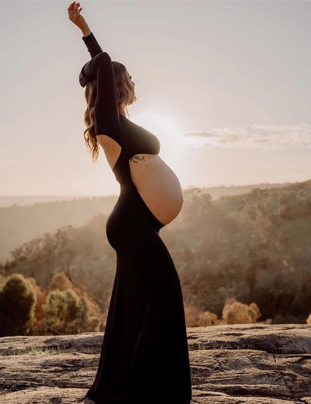 Maternity Dress for Photoshoot Solid Cut Out Backless Long Sleeve Maxi Photography Pregnancy Dress for Women